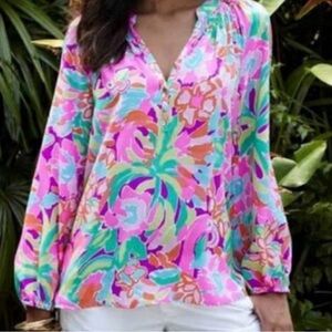 Lilly Pulitzer Lulu Elsa Flamingo Print Silk Blouse